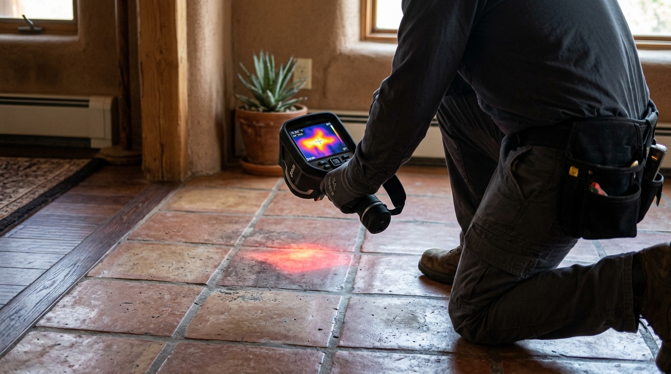 Thermal imaging of hot water slab leak showing heat signature through floor in Turlock CA