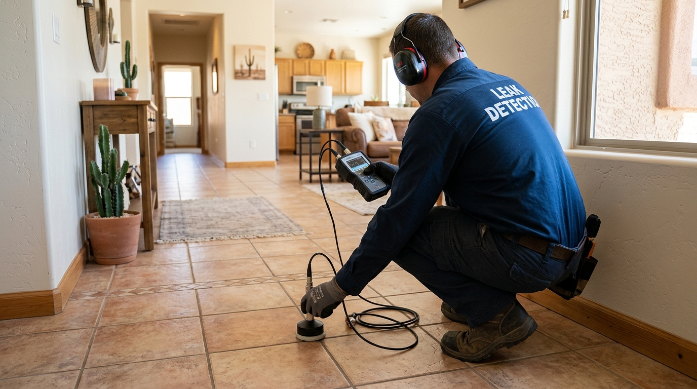 Specialist using acoustic ground microphone for slab leak repair in Turlock CA